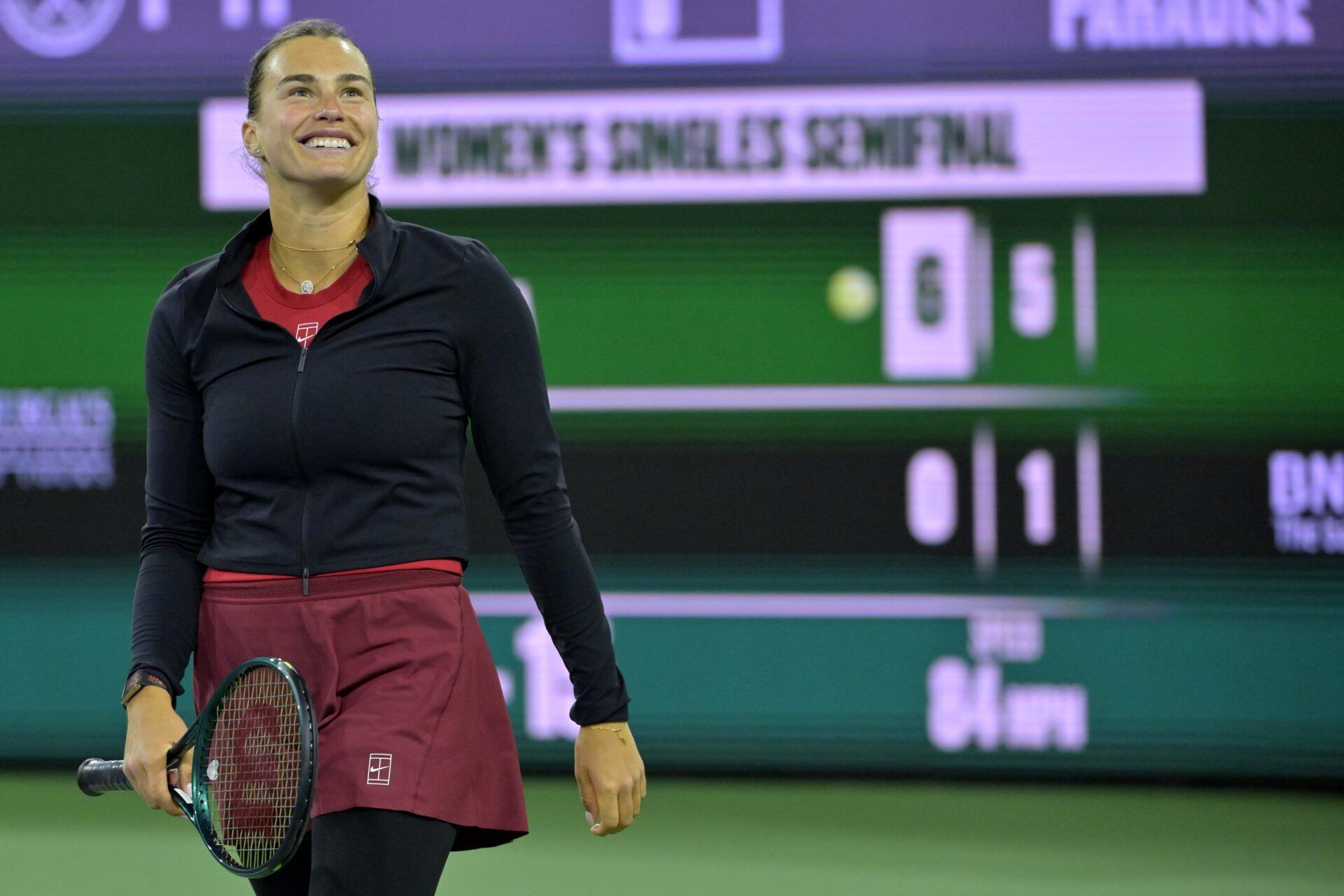 Aryna Sabalenka (BEL) reacts reacts at match point as she defeated Madison Keys (not pictured) in the semifinal match in the BNP Paribas Open at the Indian Well Tennis Garden.