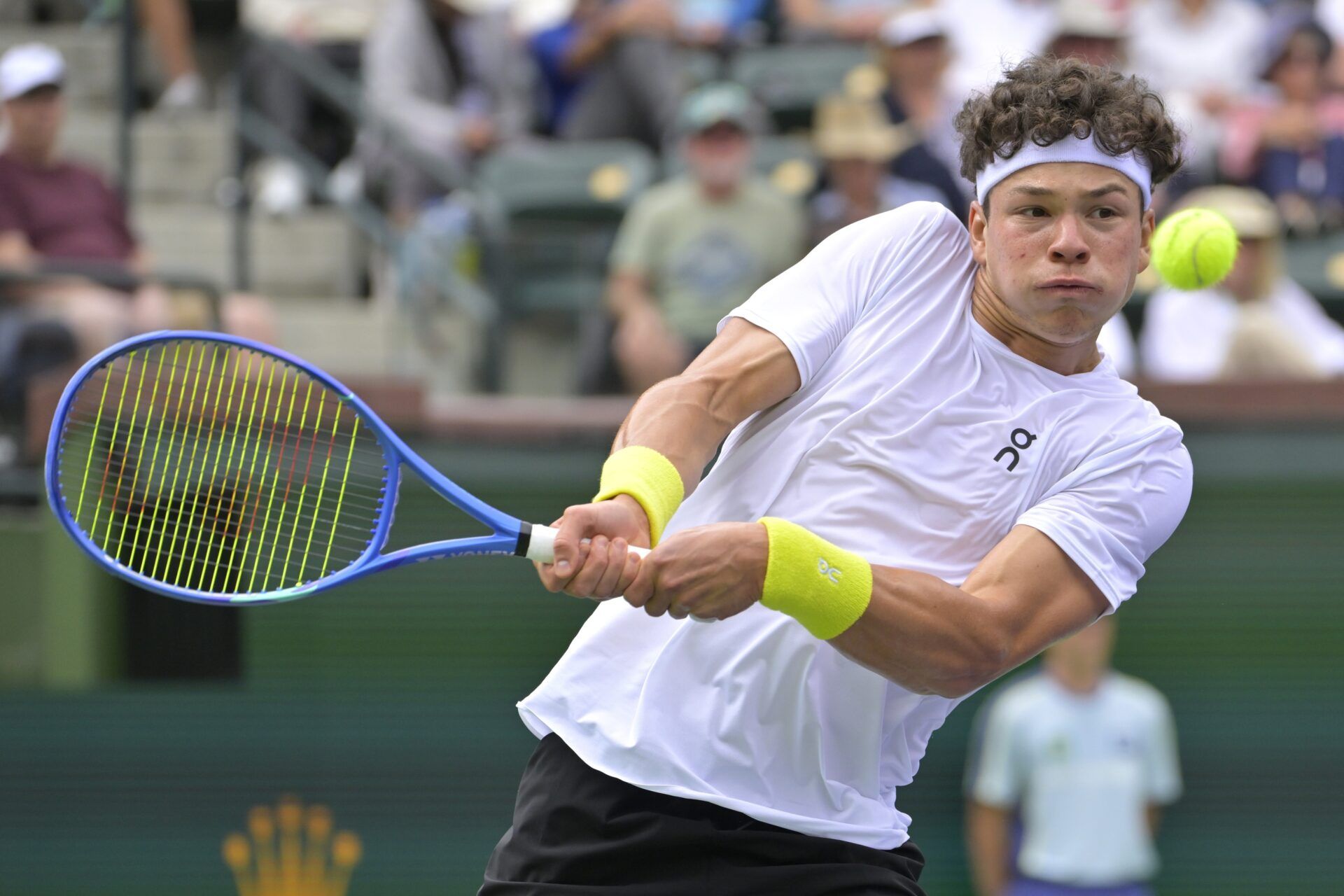 Ben Shelton (USA) hits a shot as he defeated Brandon Nakashima (not pictured) in round four of the BNP Paribas Open at the Indian Well Tennis Garden.