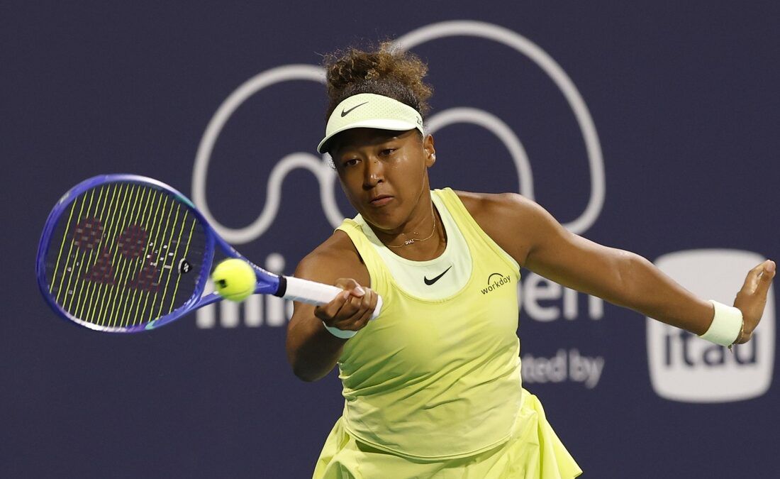 Naomi Osaka (JPN) hits a forehand against Liudmila Samsonova (not pictured) on day three of the Miami Open at Hard Rock Stadium.