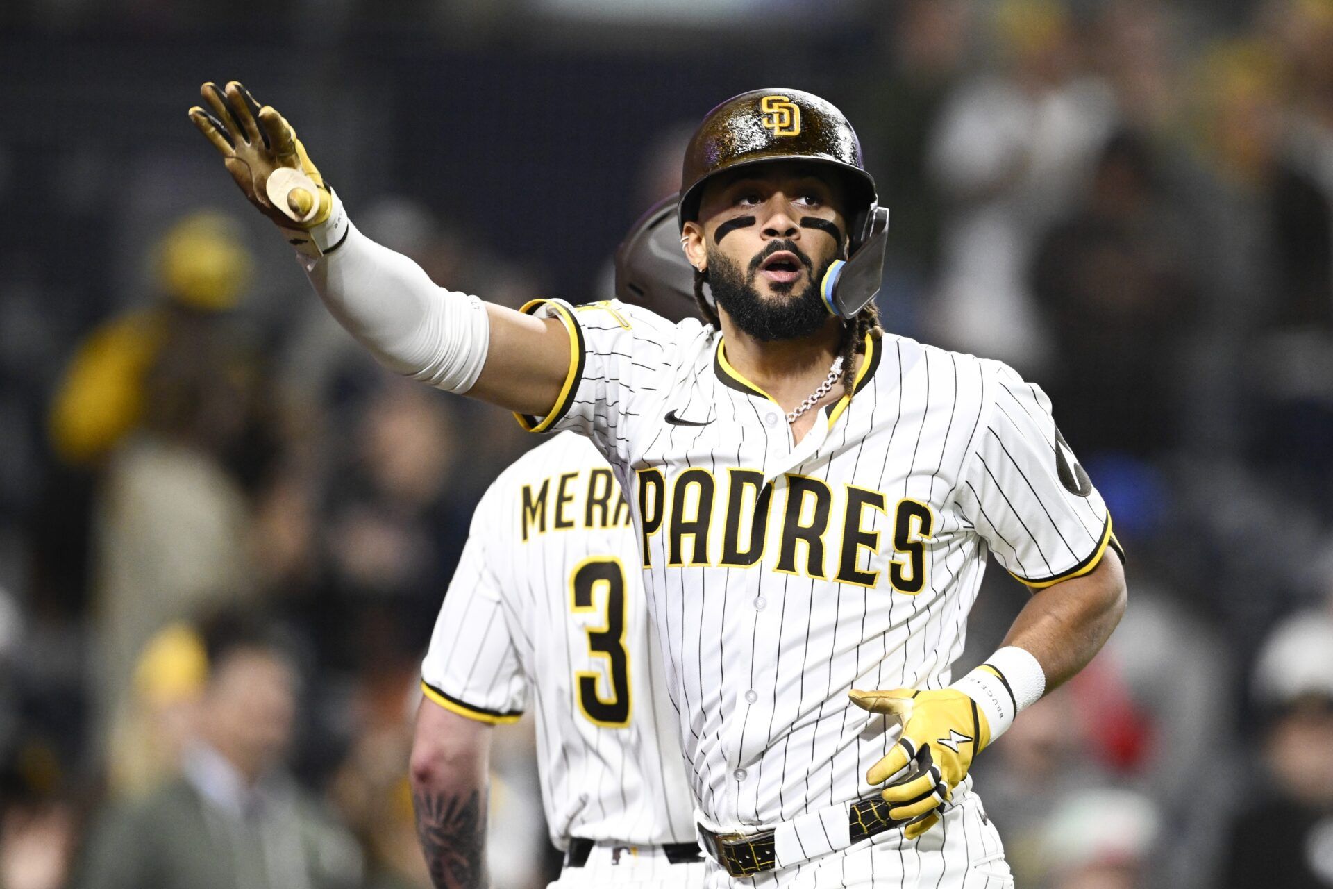 San Diego Padres right fielder Fernando Tatis Jr. (23) celebrates after hitting a solo home run during the ninth inning against the Washington Nationals at Petco Park.