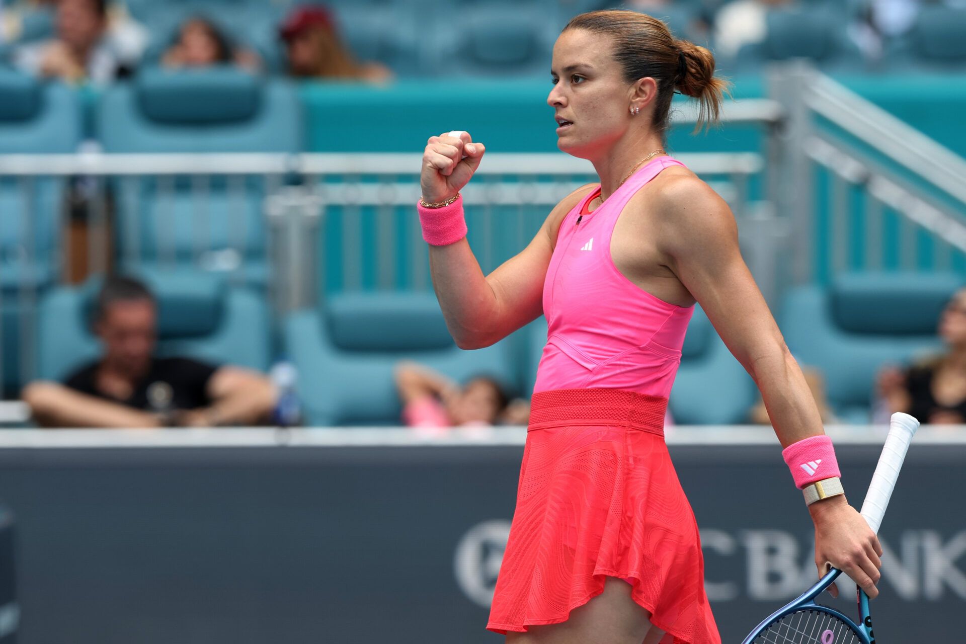 Maria Sakkari (GRE) reacts after winning a point against Coco Gauff (USA)(not pictured) on day five of the Miami Open at Hard Rock Stadium.