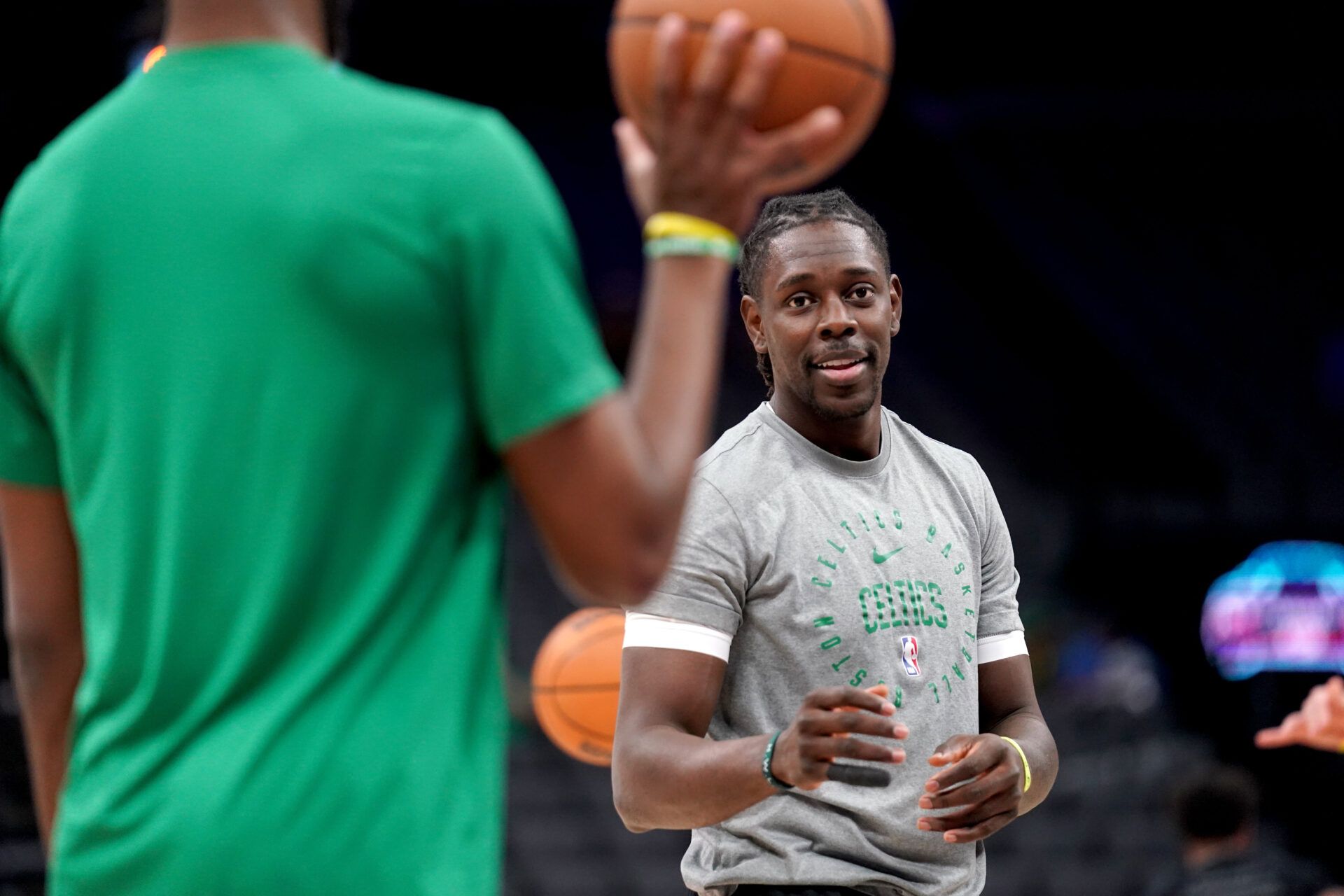 Boston Celtics guard Jrue Holiday (4) stands on the court before the start of the game against the Sacramento Kings at the Golden 1 Center.