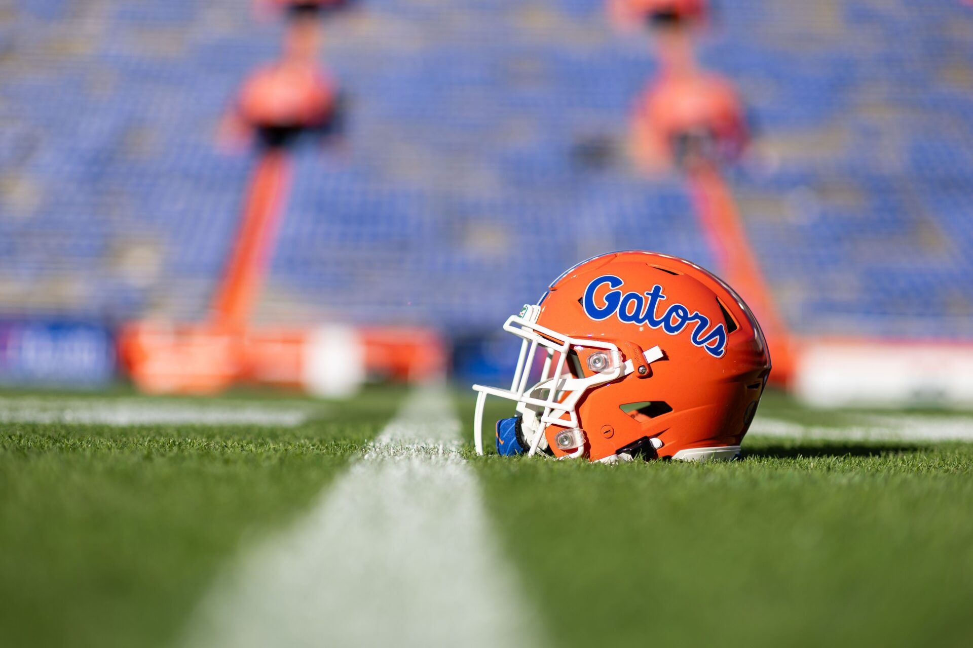 A Florida Gators helmet sits on the field before a game against the Mississippi Rebels at Ben Hill Griffin Stadium.