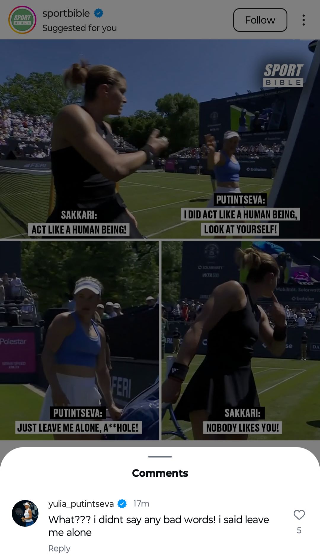 Screen grab of Yulia Putintseva's Instagram comment 