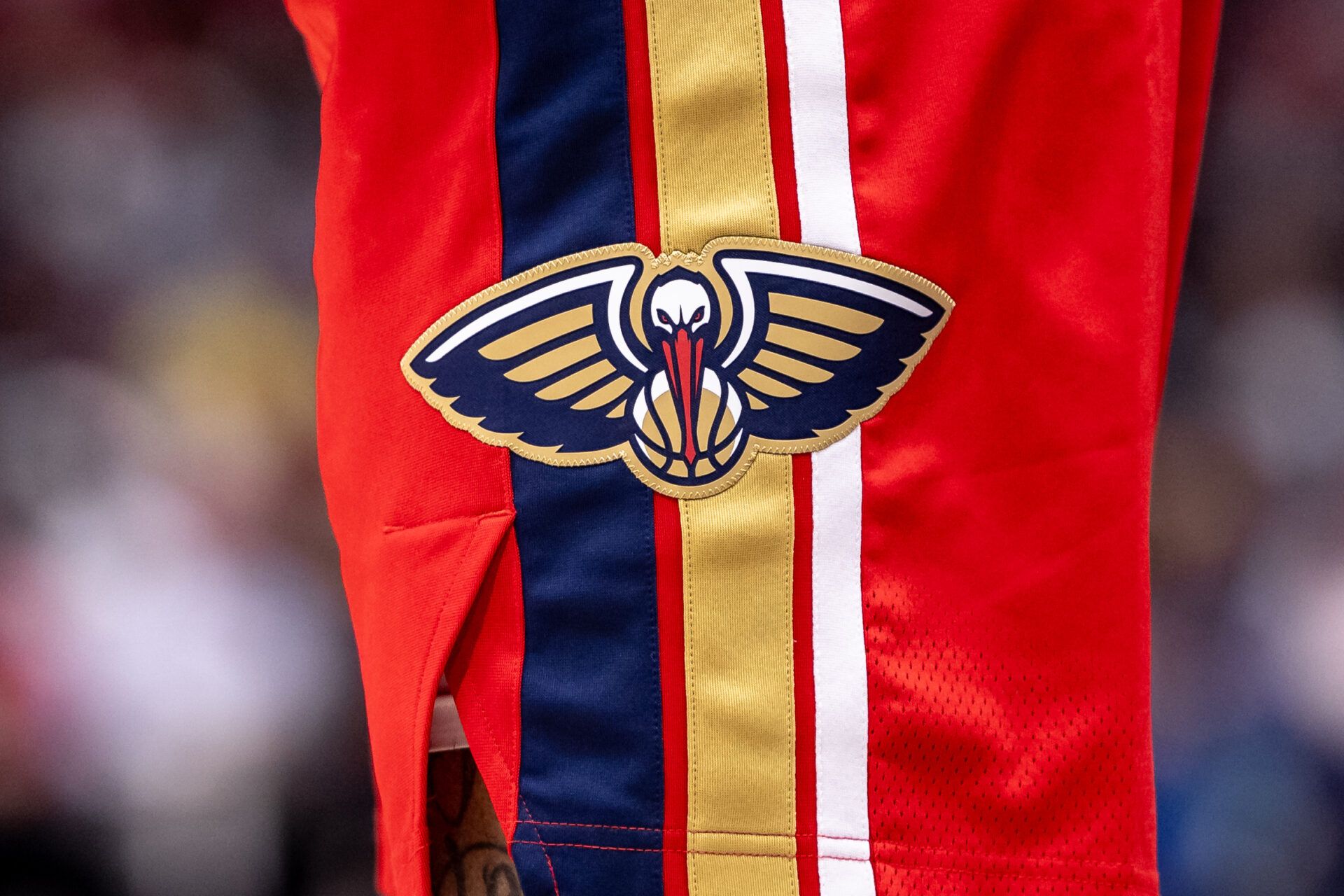 Detailed view of the New Orleans Pelicans logo during the game against the Chicago Bulls during the second half at Smoothie King Center.