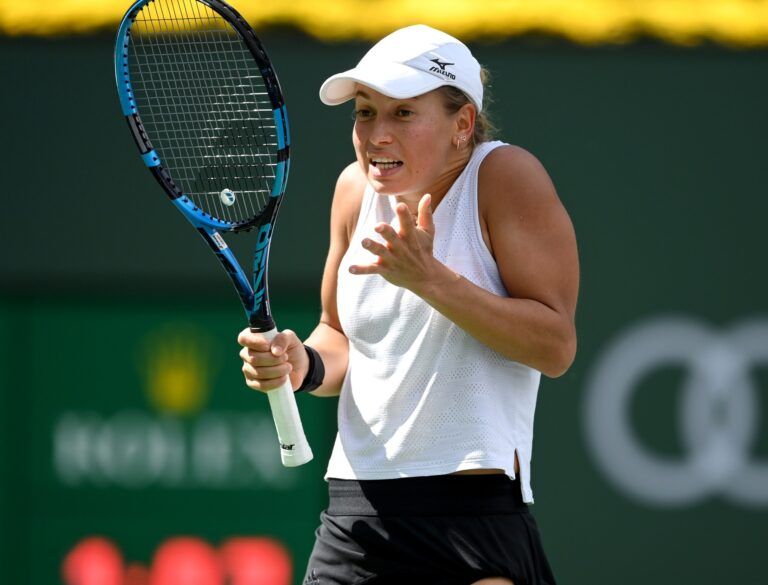 Yulia Putintseva (KAZ) during her first round match as she defeated Andrea Petkovic (not pictured) during the BNP Paribas Open at the Indian Wells Tennis Garden.