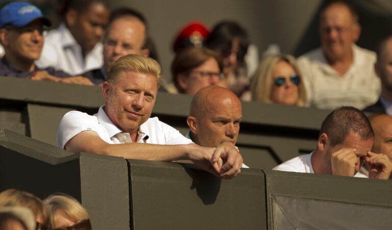 Boris Becker in attendance as a coach for Novak Djokovic (SRB) during the match against Andrey Golubev (KAZ) on day one of the 2014 Wimbledon Championships at the All England Lawn and Tennis Club.