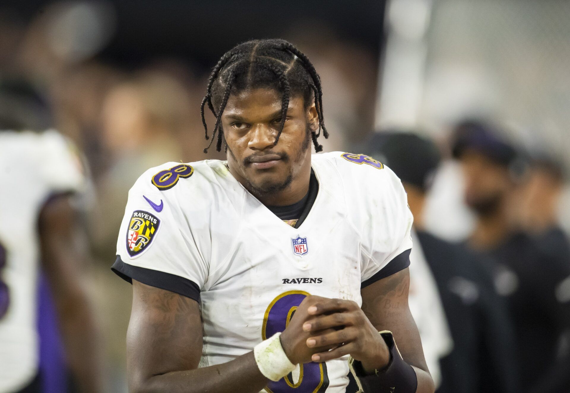 Baltimore Ravens quarterback Lamar Jackson (8) reacts against the Las Vegas Raiders during Monday Night Football at Allegiant Stadium.