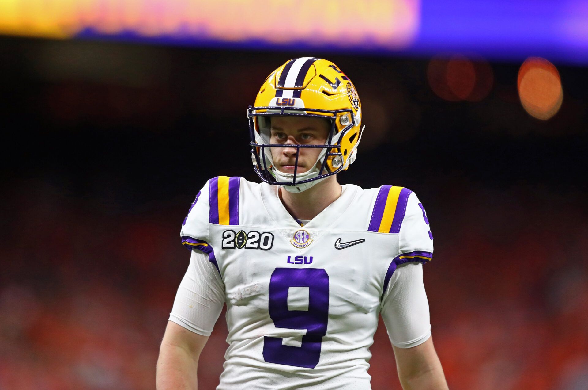 LSU Tigers quarterback Joe Burrow (9) against the Clemson Tigers in the College Football Playoff national championship game at Mercedes-Benz Superdome.