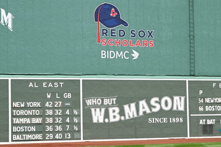 The American League East standings are displayed on the Green Monster before a game between the Boston Red Sox and the New York Yankees at Fenway Park.