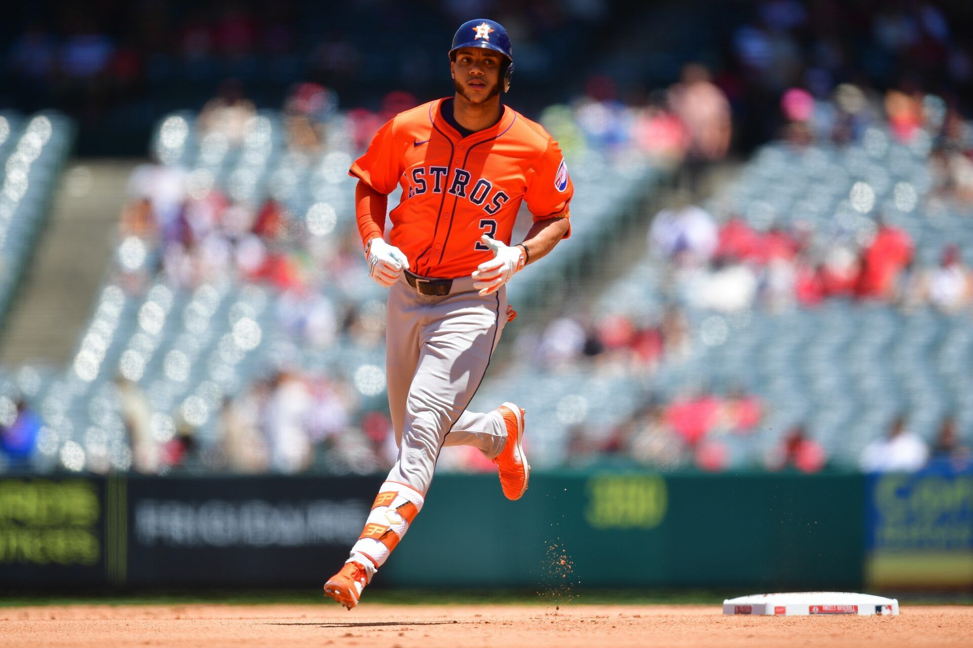 Houston Astros shortstop Jeremy Pena (3) runs the bases after hitting a solo home run against the Los Angeles Angels during the fifth inning at Angel Stadium.