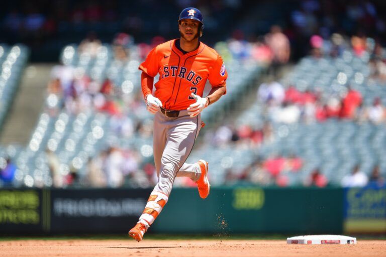 Houston Astros shortstop Jeremy Pena (3) runs the bases after hitting a solo home run against the Los Angeles Angels during the fifth inning at Angel Stadium.