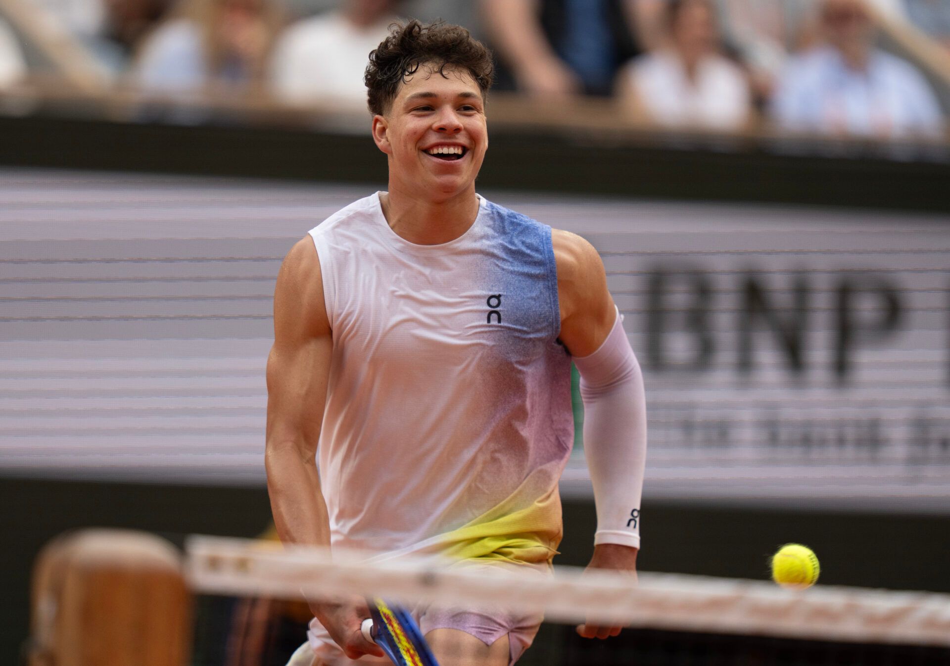 Ben Shelton of the United States reacts to a point during his match against Carlos Alcaraz of Spain on day eight at Roland Garros Stadium.