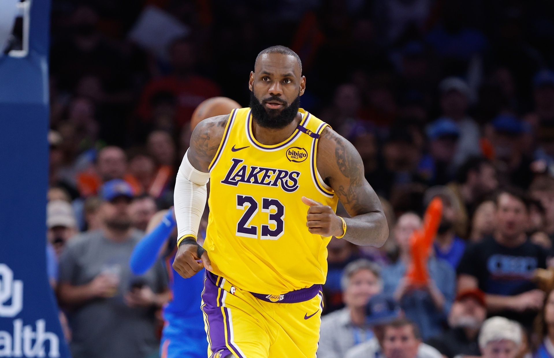 Los Angeles Lakers forward LeBron James (23) runs down the court after a play against the Oklahoma City Thunder during the second half at Paycom Center.
