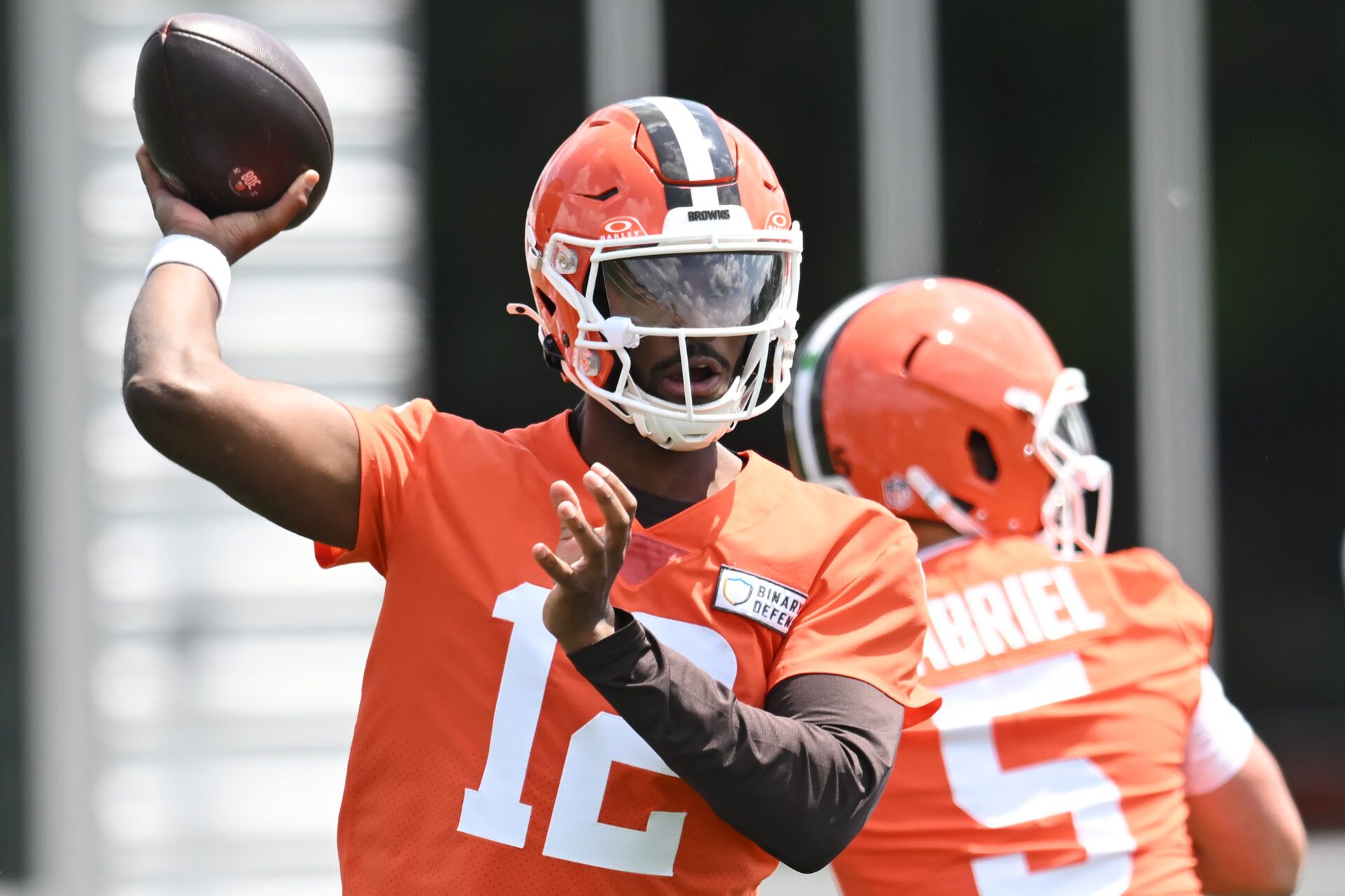 Cleveland Browns quarterback Shedeur Sanders (12) throws a pass during minicamp at CrossCountry Mortgage Campus.