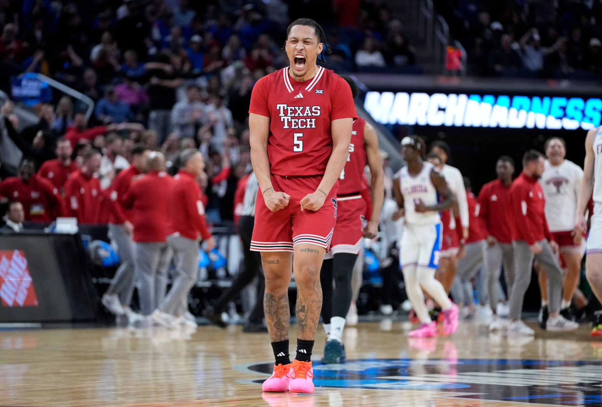 Texas Tech Red Raiders forward Darrion Williams (5) reacts during the second half against the Florida Gators during the West Regional final of the 2025 NCAA tournament at Chase Center.