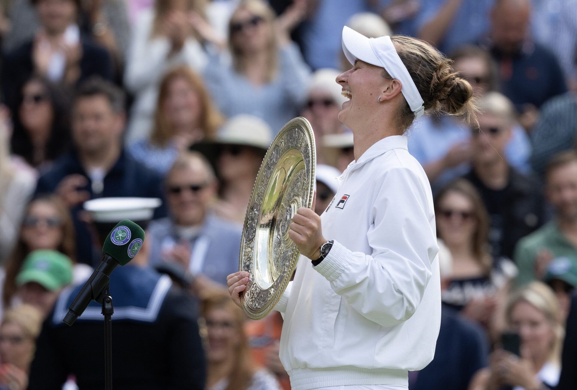 Barbora Krejcikova of the Czech Republic at the trophy presentation after winning the womenÕs singles final against Jasmine Paolini of Italy (not shown) on day 13 at All England Lawn Tennis and Croquet Club.