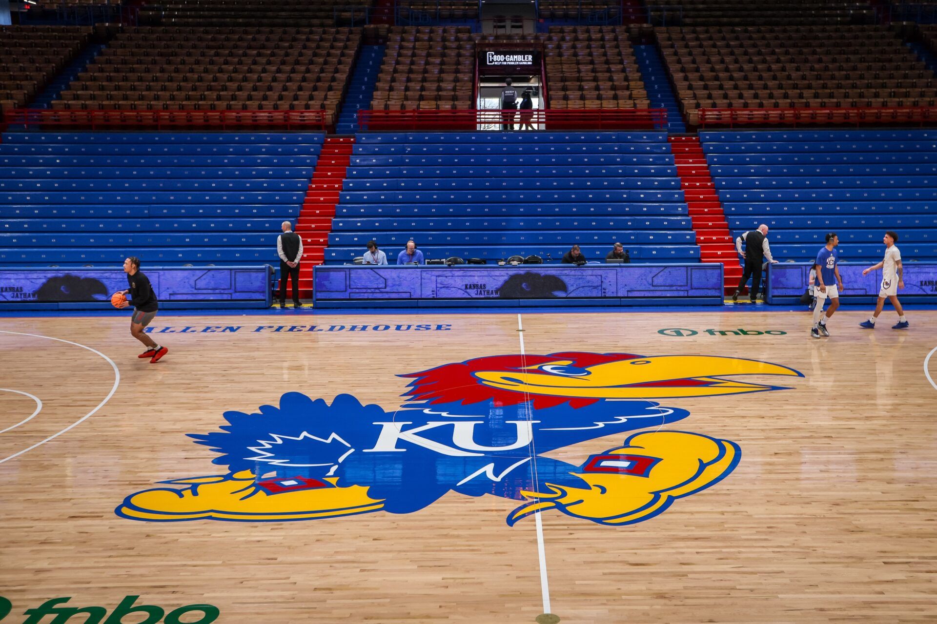 Kansas Jayhawks logo at center court prior to the game against the Texas Tech Red Raiders at Allen Fieldhouse.