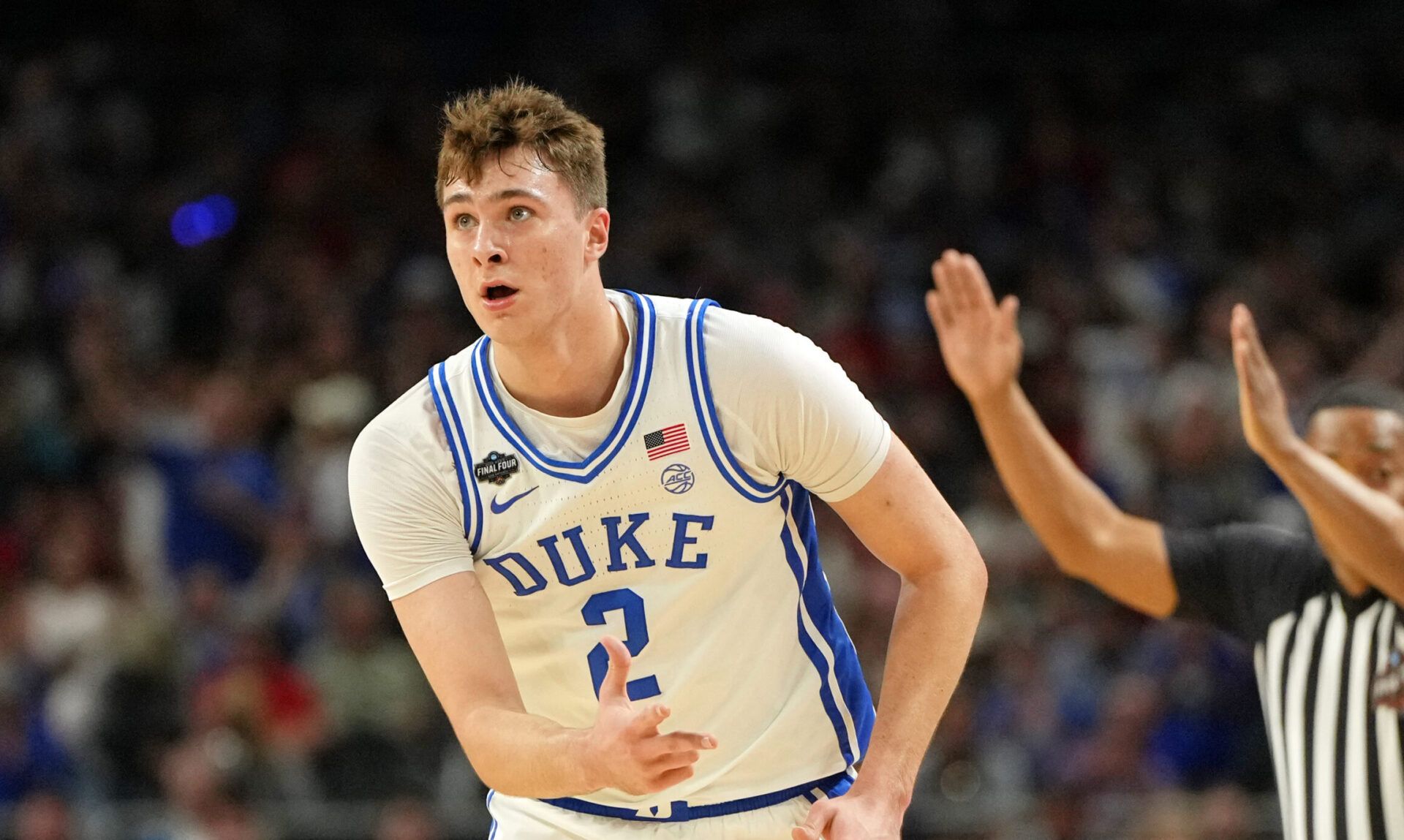 Duke Blue Devils forward Cooper Flagg (2) reacts after a three point basket against the Houston Cougars during the first half in the semifinals of the men's Final Four of the 2025 NCAA Tournament at the Alamodome.