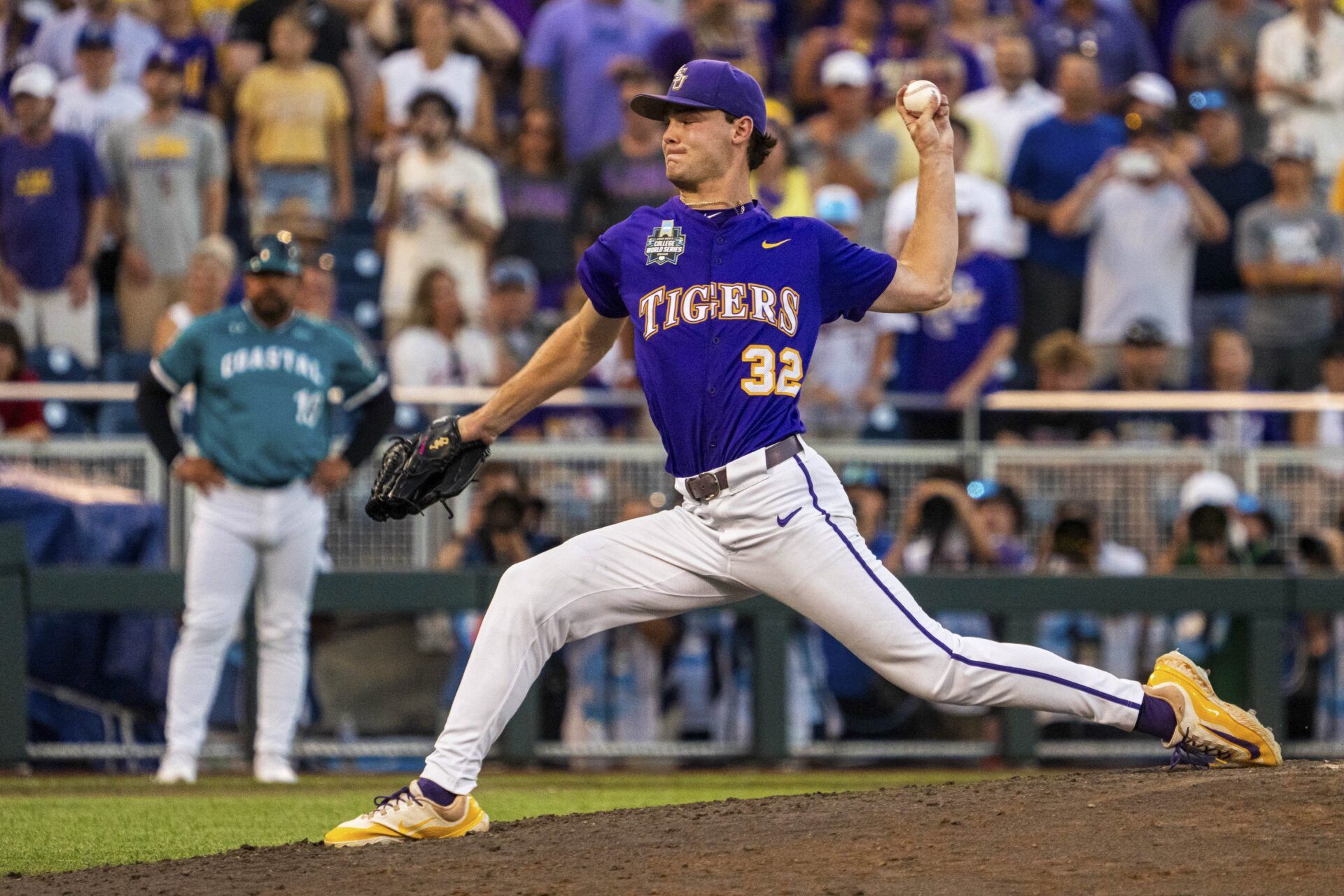 LSU Tigers starting pitcher Kade Anderson (32) pitches against the Coastal Carolina Chanticleers during the ninth inning at Charles Schwab Field.