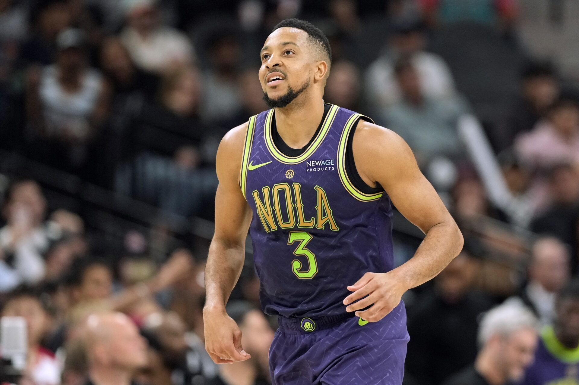 New Orleans Pelicans guard CJ McCollum (3) reacts after scoring a basket during the second half against the San Antonio Spurs at Frost Bank Center.
