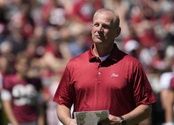Alabama football coach Kalen DeBoer watches Crimson Tide at 2025 A-Day festivities in Bryant-Denny Stadium.