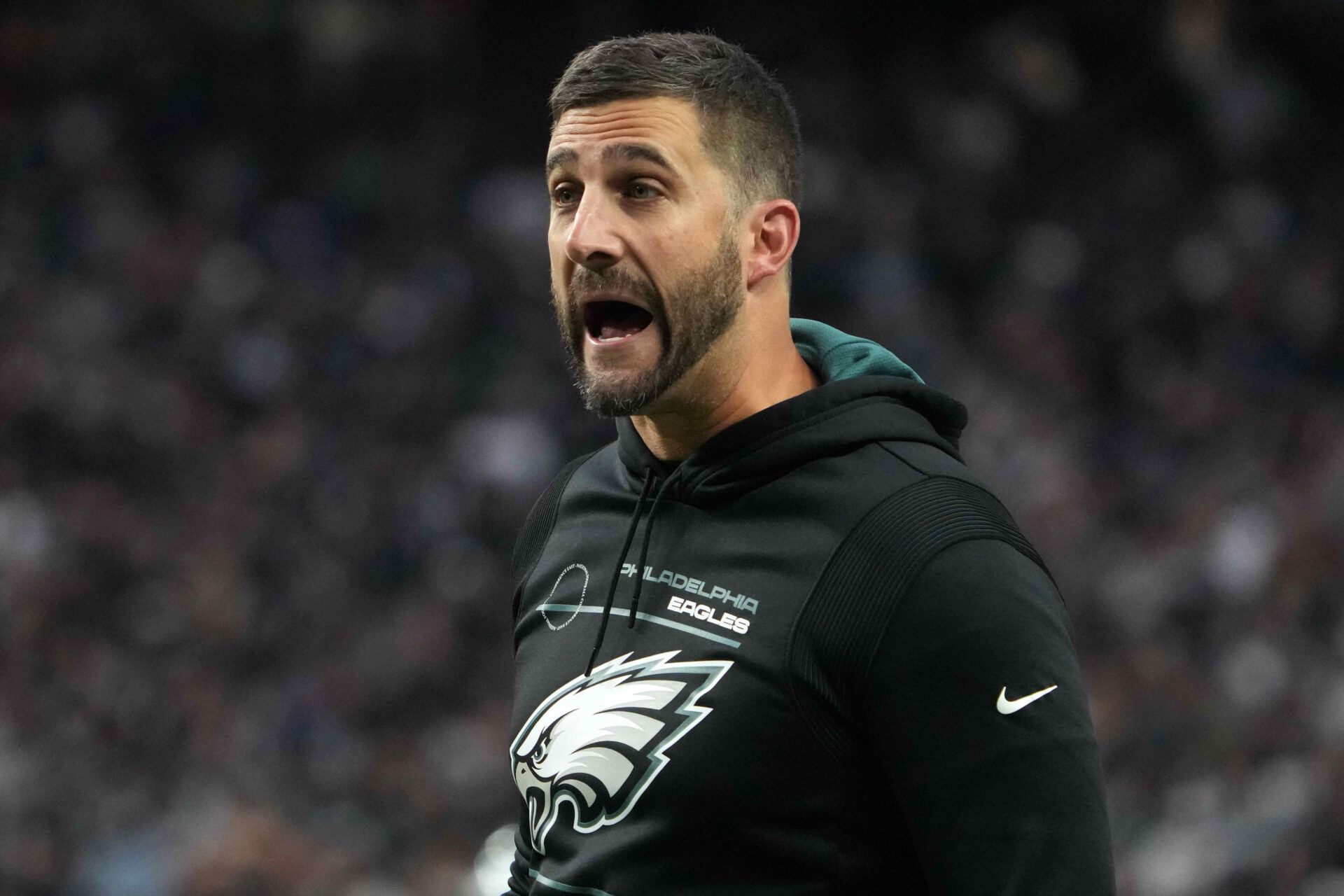 Philadelphia Eagles head coach Nick Sirianni reacts in the second half against the Las Vegas Raiders at Allegiant Stadium. The Raiders defeated the Eagles 33-22.