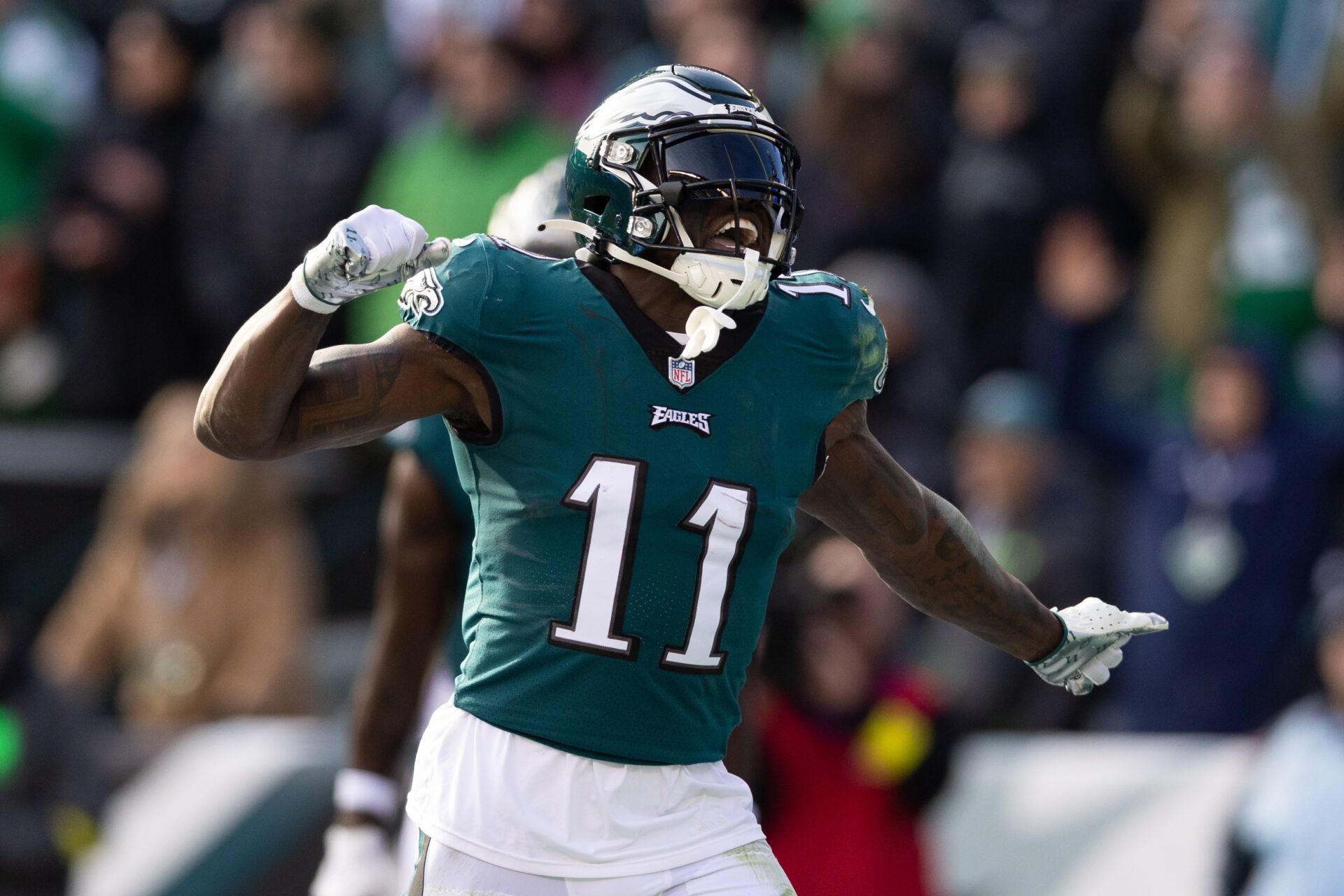 Philadelphia Eagles wide receiver A.J. Brown (11) reacts after his touchdown catch against the Tennessee Titans during the second quarter at Lincoln Financial Field.