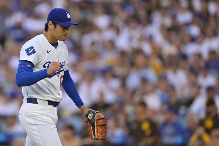 Los Angeles Dodgers designated hitter Shohei Ohtani (17) during the first inning against the San Diego Padres at Dodger Stadium.