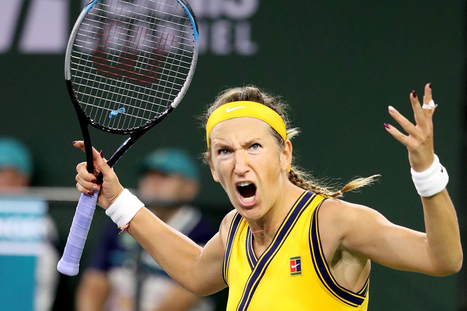 Victoria Azarenka reacts during her semifinal win against Jelena Ostapenko at the BNP Paribas in Indian Wells, Calif., on October 15, 2021.

Azarenka Vs Ostapenko Bnp Paribas2168