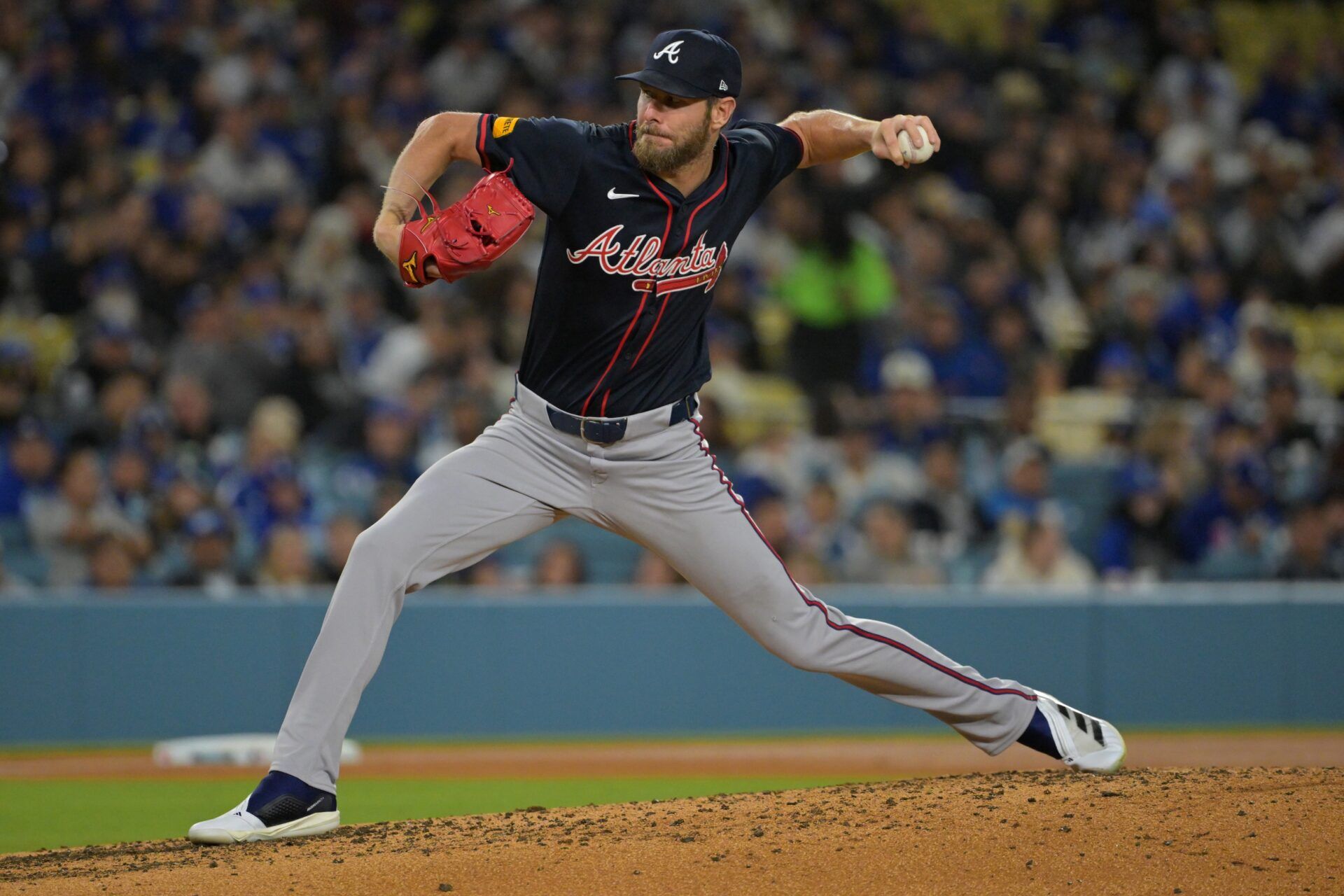 Atlanta Braves starting pitcher Chris Sale (51) delivers to the plate in the sixth inning against the Los Angeles Dodgers at Dodger Stadium.