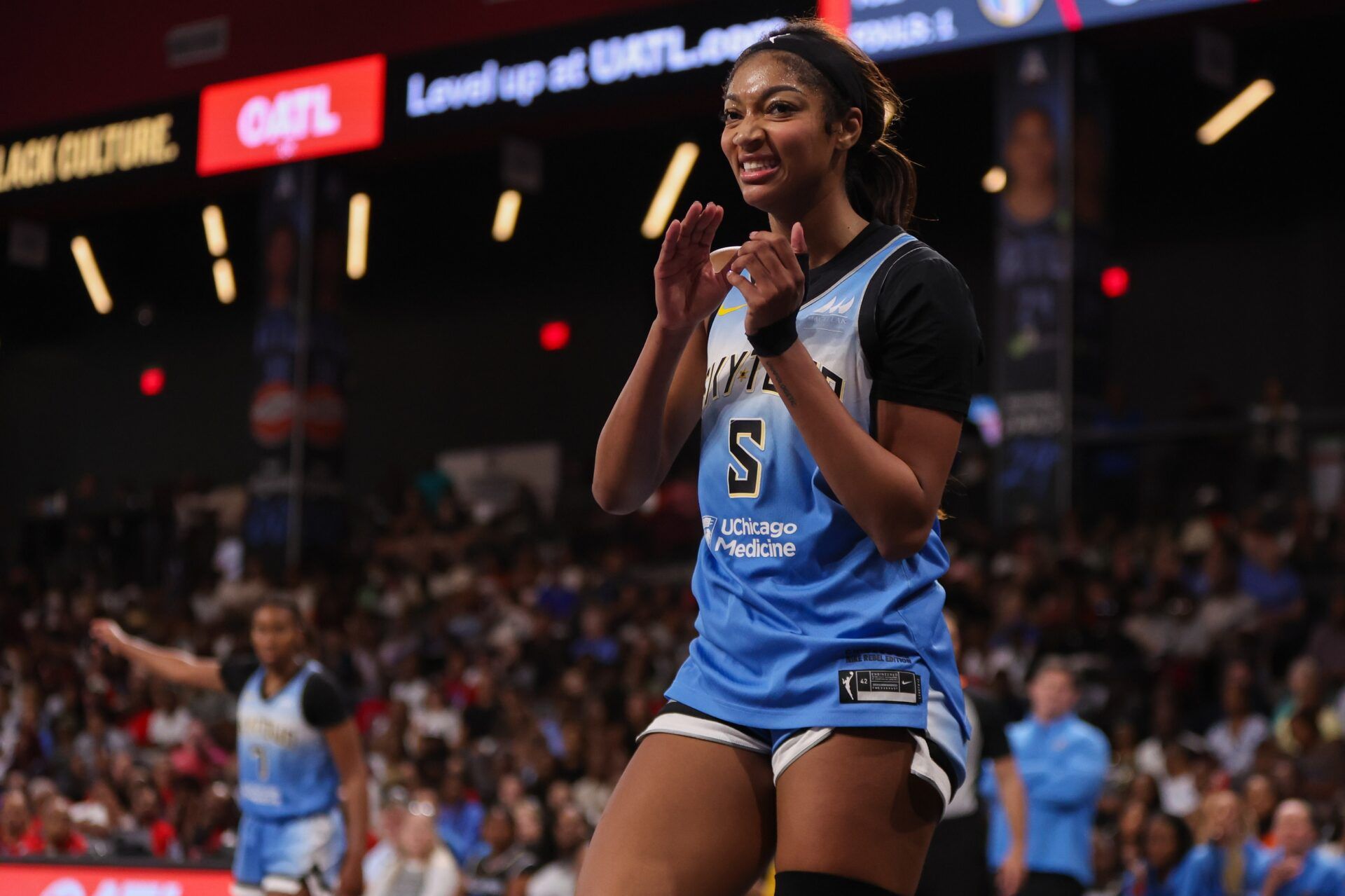 Chicago Sky forward Angel Reese (5) reacts after a ball goes out of bounds against the Atlanta Dream in the third quarter at Gateway Center Arena at College Park.