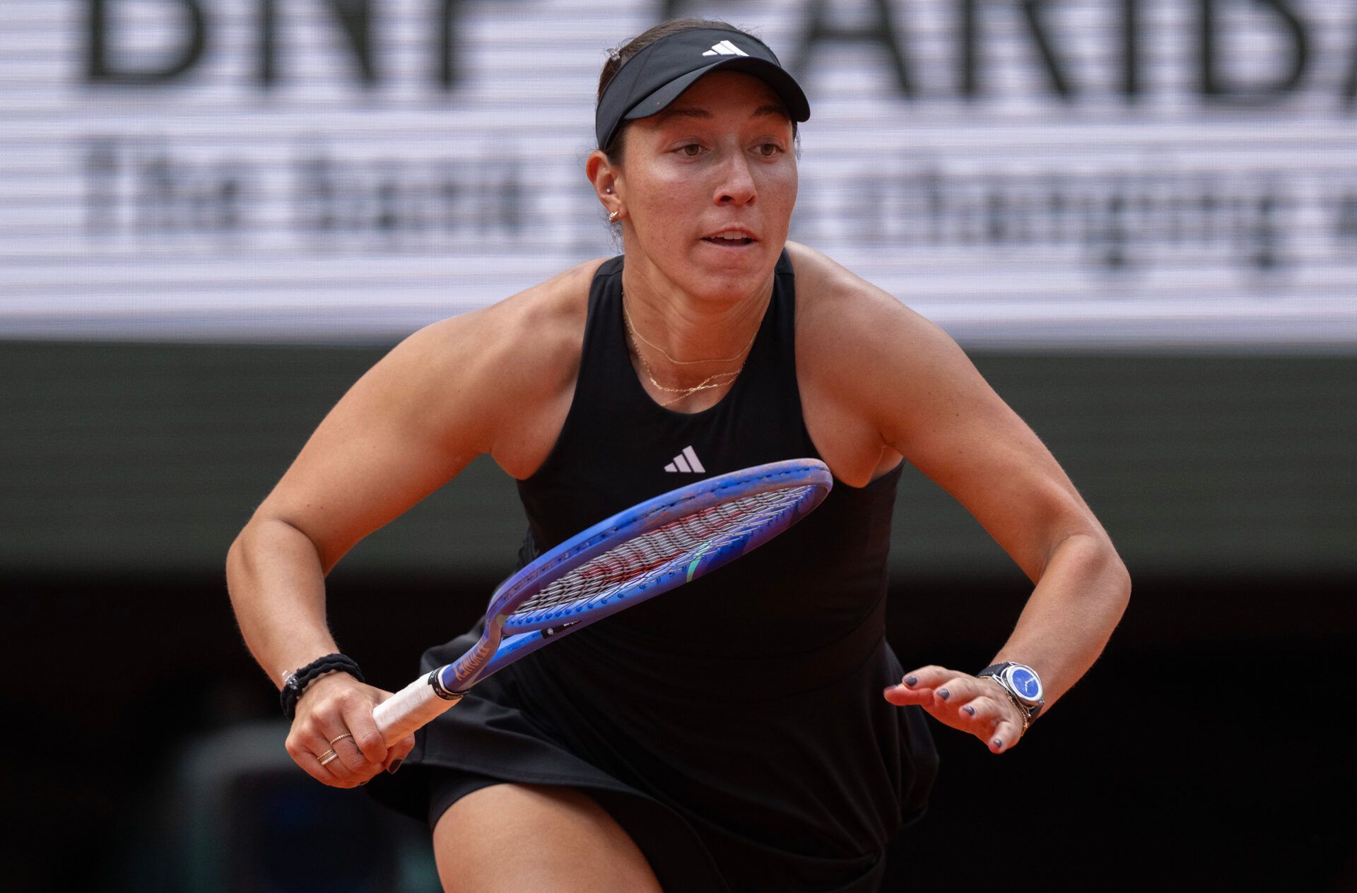 Jessica Pegula of the United States runs for the ball during her match against Lois Boisson of France on day nine at Roland Garros Stadium.