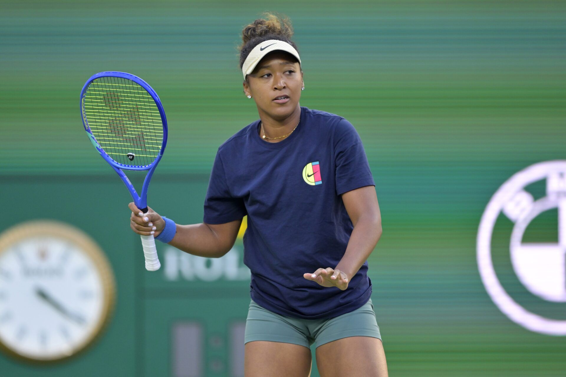 Naomi Osaka (JPN) practices on the first day of the BNP Paribas open at the Indian Well Tennis Garden.