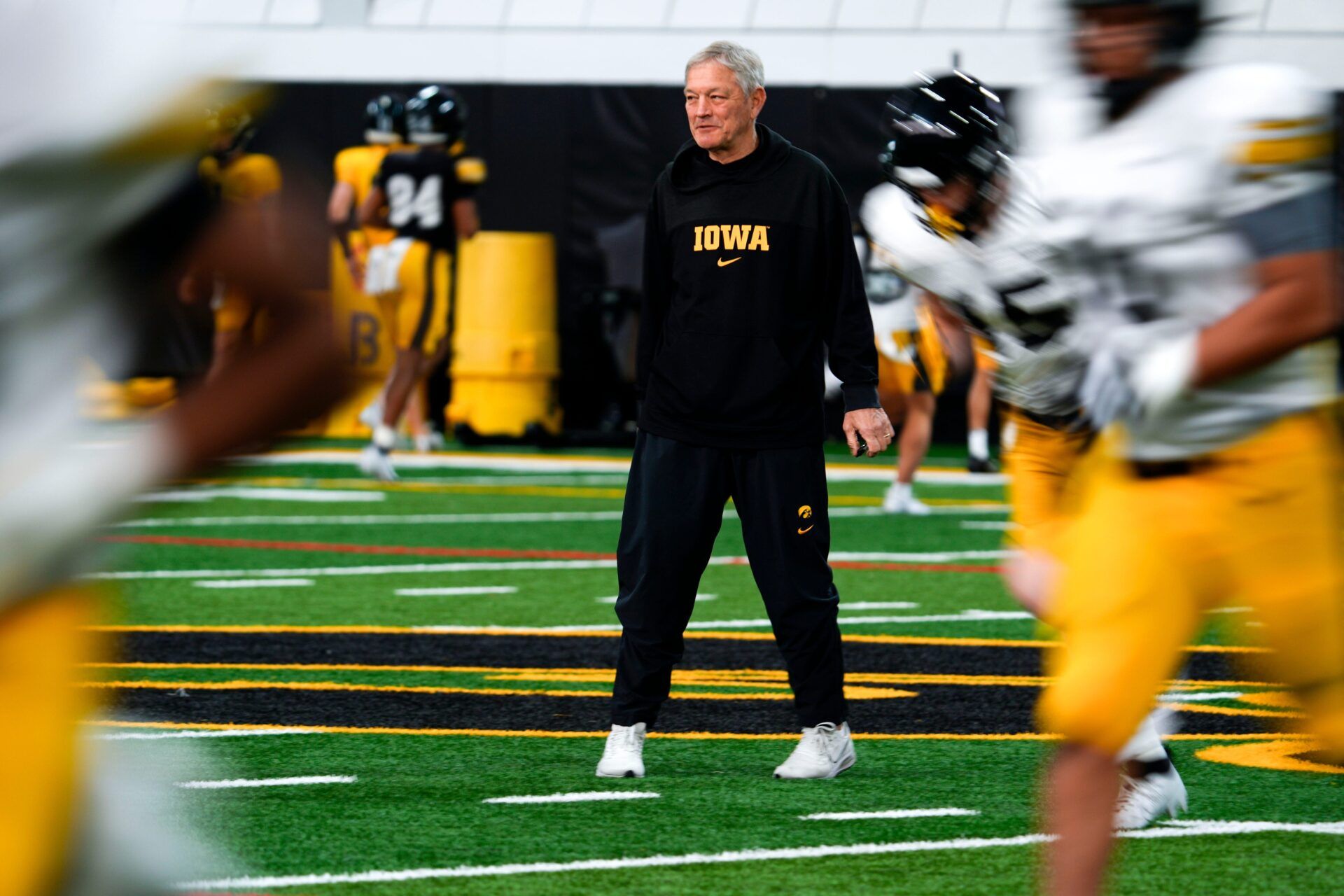 Iowa head football coach Kirk Ferentz watches practice Thursday, April 3, 2025 in Iowa City, Iowa.