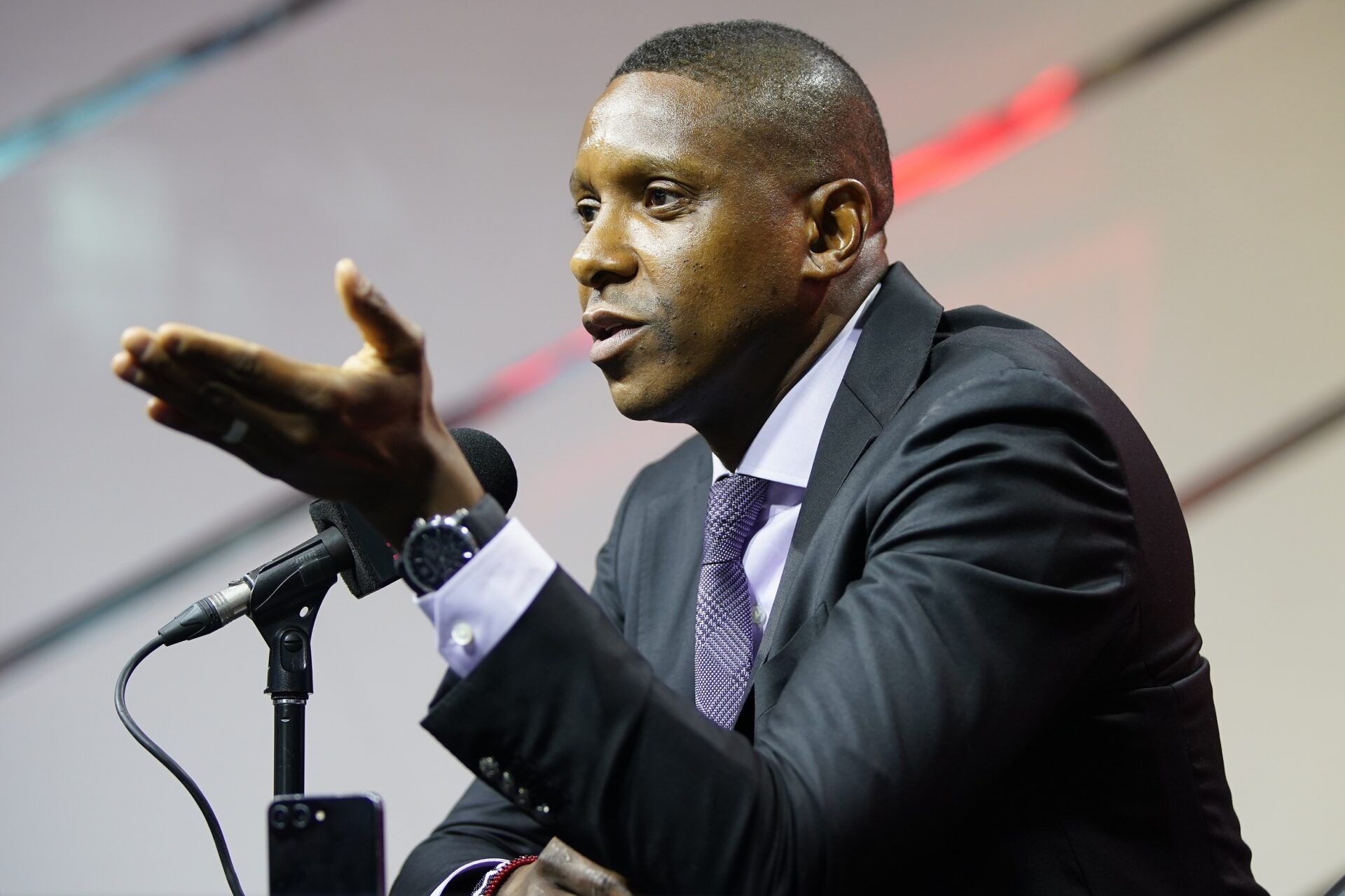 Toronto Raptors vice chairman and team president Masai Ujiri  talks to the media during media day at Scotiabank Area.