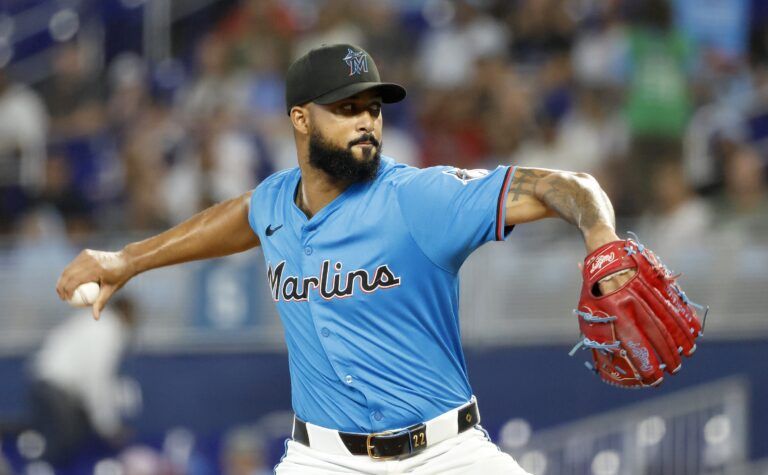 Miami Marlins starting pitcher Sandy Alcantara (22) pitches against the Atlanta Braves during the first inning at loanDepot Park.