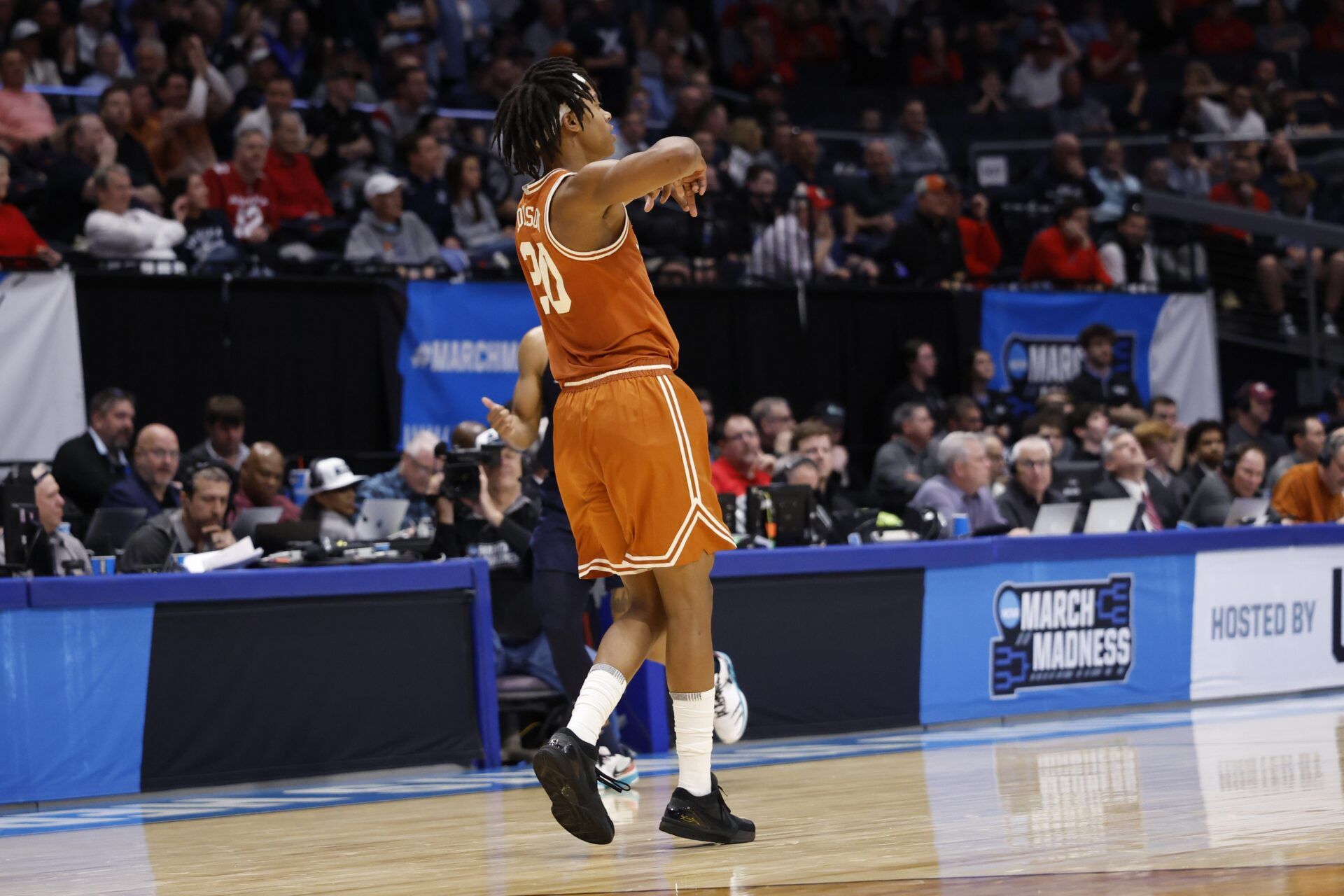 Texas Longhorns guard Tre Johnson (20) reacts to a play in the second half against the Xavier Musketeers at UD Arena.