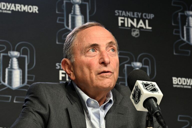 National Hockey League commissioner Gary Bettman speaks to the media before game one of the 2025 Stanley Cup Final between the Florida Panthers and the Edmonton Oilers at Rogers Place.
