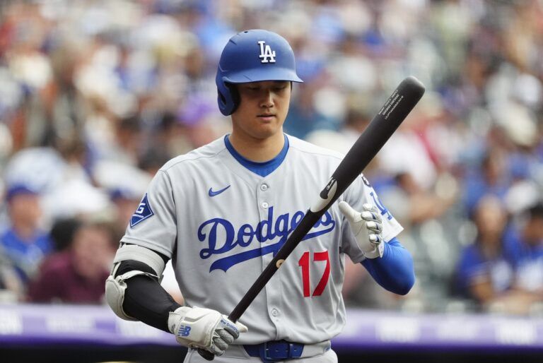 Los Angeles Dodgers designated hitter Shohei Ohtani (17) during the first inning against the Colorado Rockies at Coors Field.