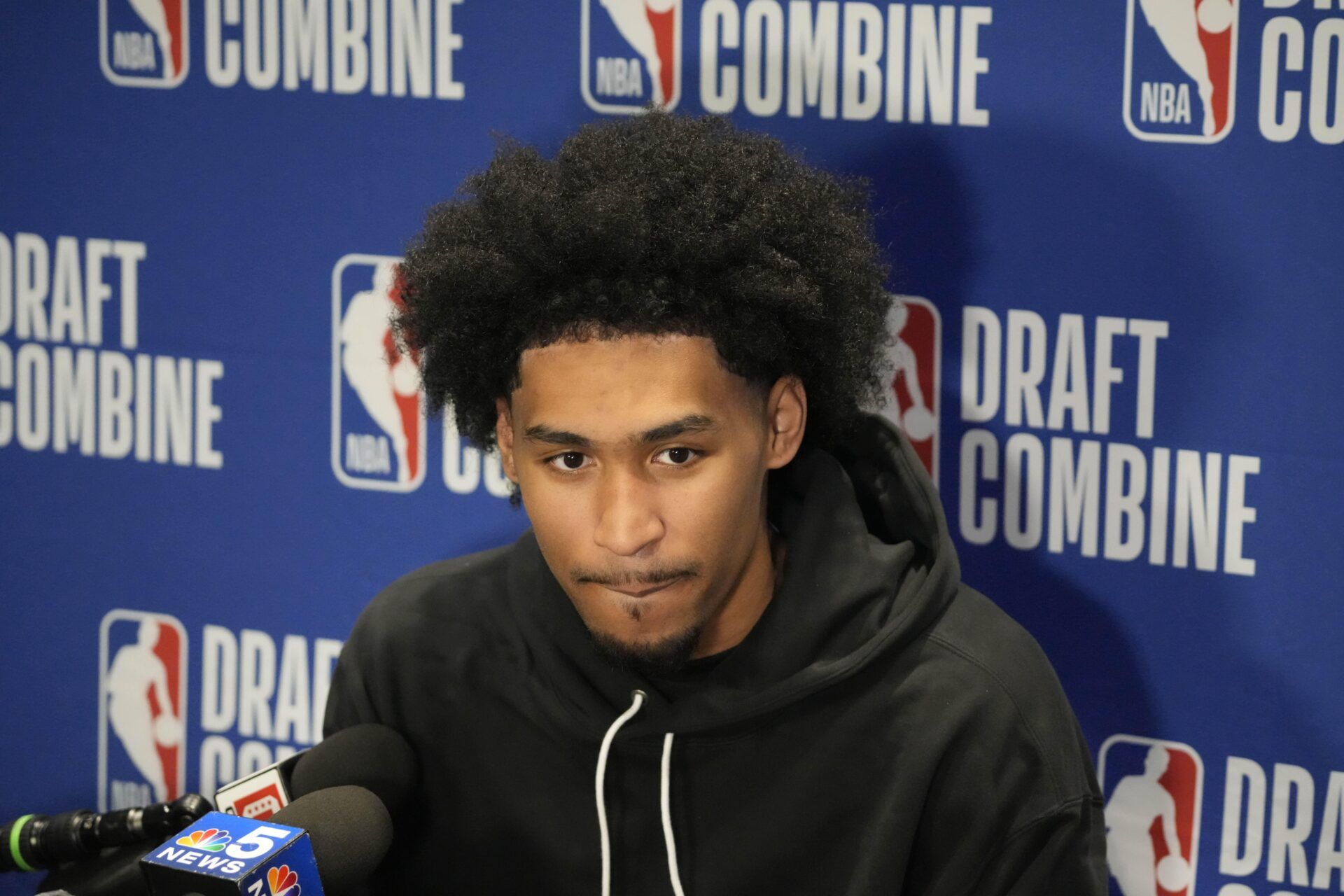 Dylan Harper talks to the media during the 2025 NBA Draft Combine at Marriott Marquis Chicago.