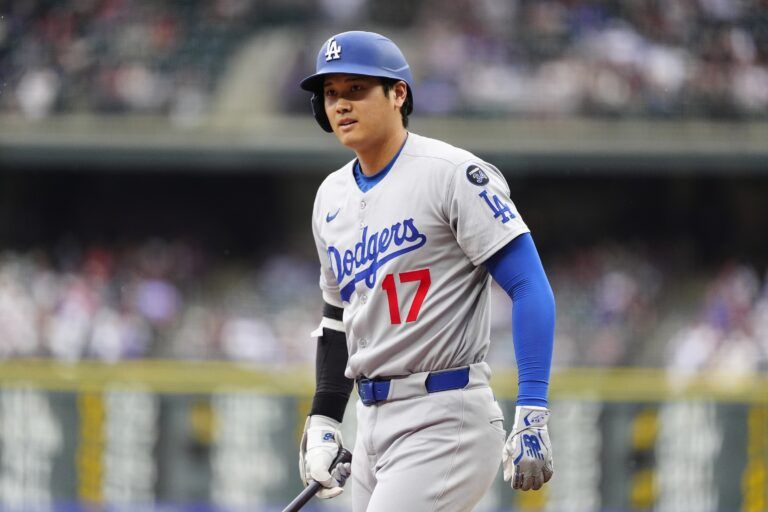 Los Angeles Dodgers designated hitter Shohei Ohtani (17) during the first inning against the Colorado Rockies at Coors Field.