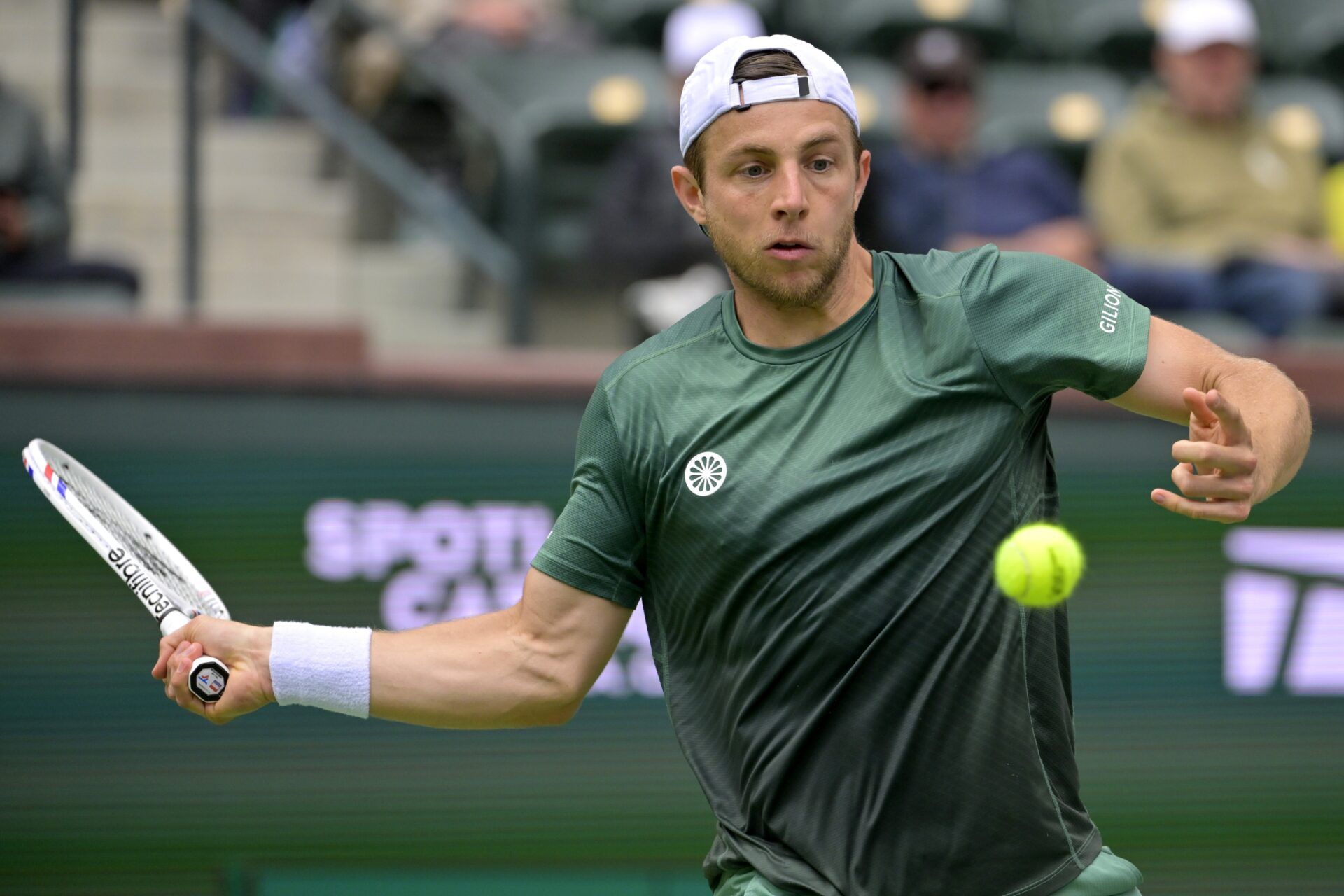 Tallon Griekspoor hits a shot against Holger Rune (not pictured) during his quarterfinal match at the BNP Paribas Open at the Indian Well Tennis Garden.