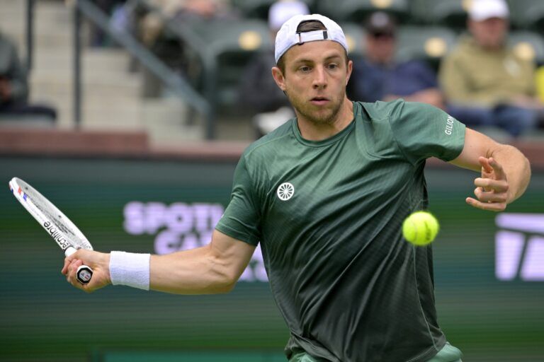 Tallon Griekspoor hits a shot against Holger Rune (not pictured) during his quarterfinal match at the BNP Paribas Open at the Indian Well Tennis Garden.