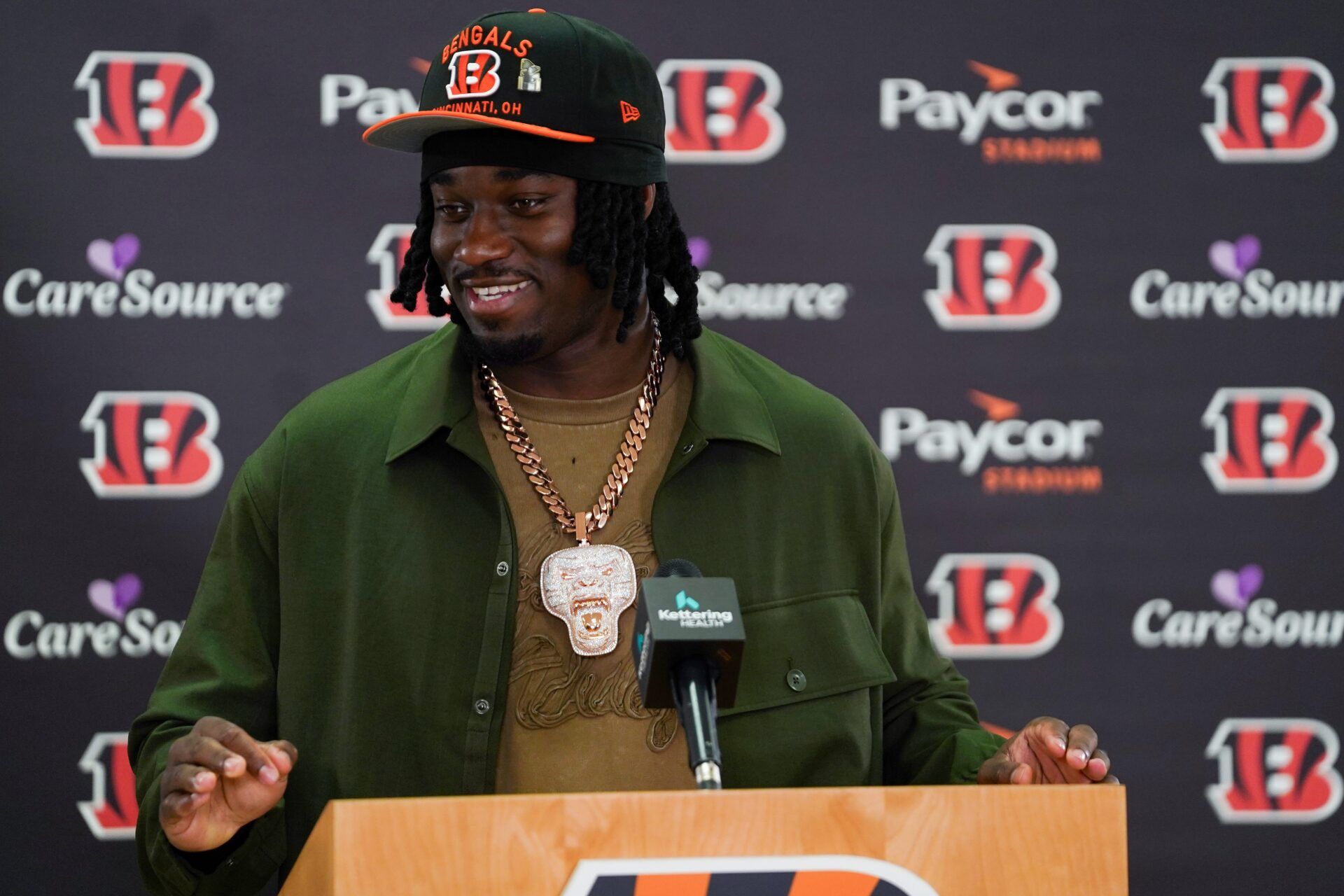 Cincinnati Bengals first-round draft pick Shemar Stewart speaks during a press conference, Friday, April 25, 2025, at Paycor Stadium in Downtown Cincinnati.