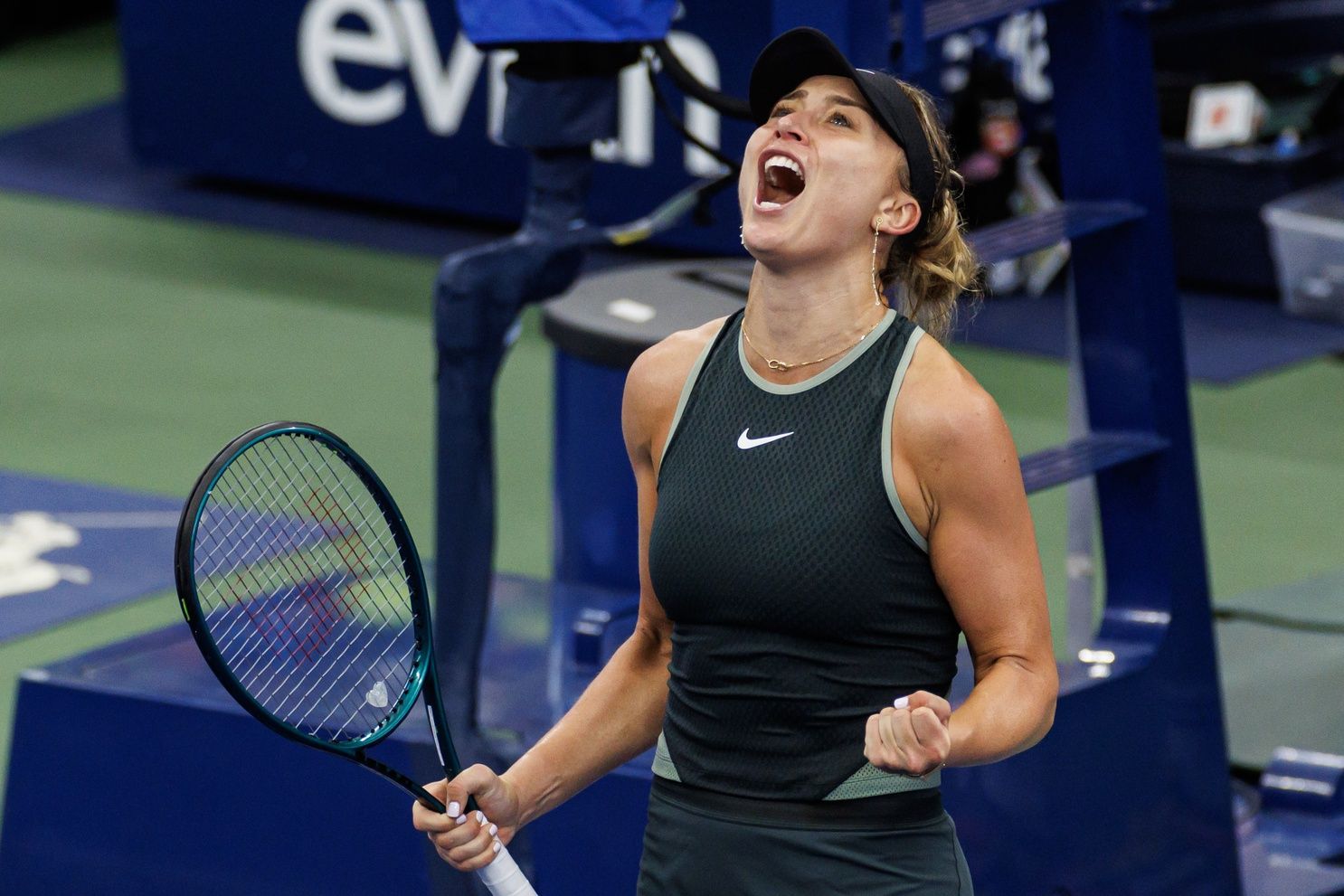 Paula Badosa (ESP) celebrates after her match against Yafan Wang (CHN)(not pictured) in a women's singles match on day seven of the 2024 U.S. Open tennis tournament at USTA Billie Jean King National Tennis Center.