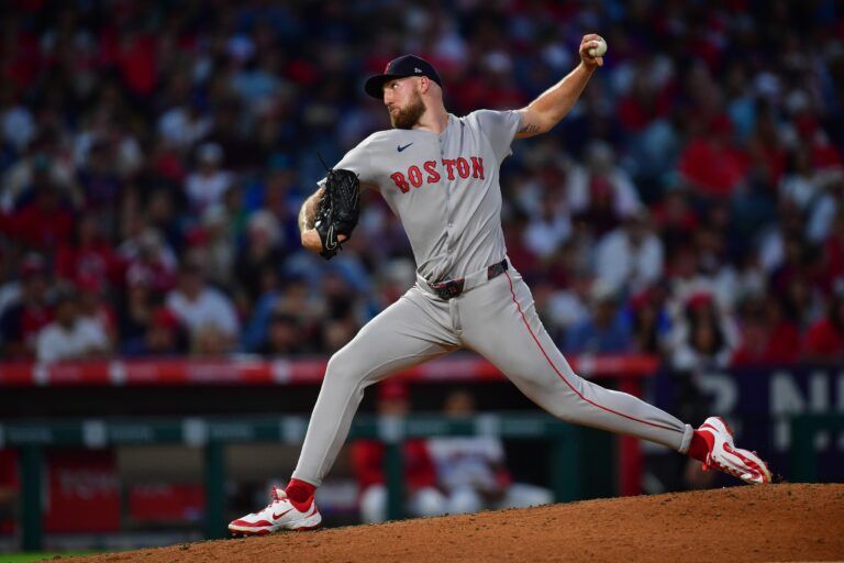 Boston Red Sox pitcher Garrett Crochet (35) throws against the Los Angeles Angels during the sixth inning at Angel Stadium.