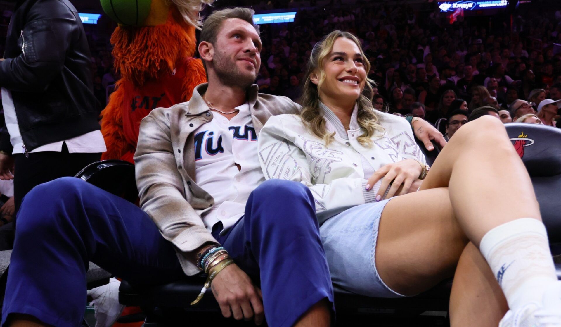 Aryna Sabalenka and Georgios Frangulis attend the game between the Miami Heat and the Philadelphia 76ers at Kaseya Center.