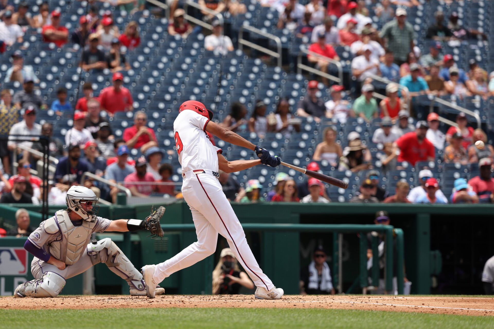 Washington Nationals outfielder James Wood (29) hits a two run home run against the Colorado Rockies during the fourth inning at Nationals Park.