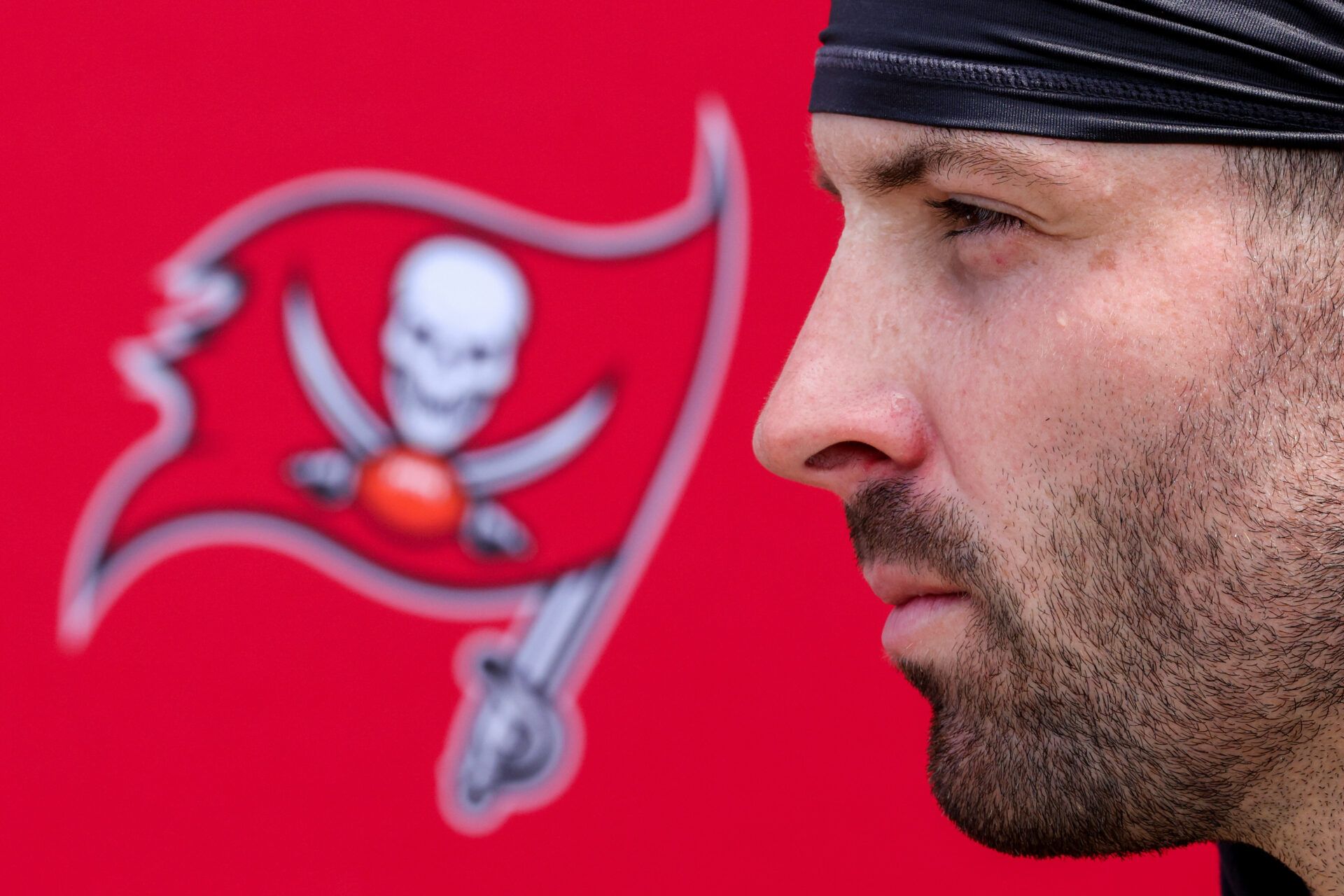 Tampa Bay Buccaneers quarterback Baker Mayfield (6) gives a press conference after mini camp at AdventHealth Training Center.